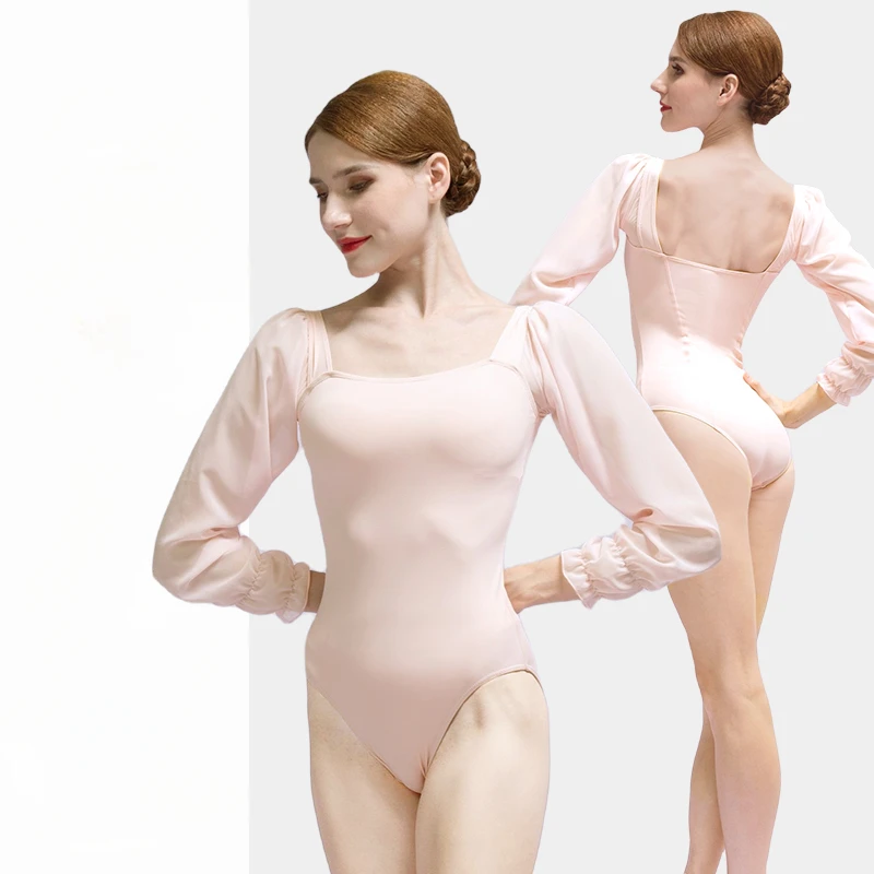 

Elegent long sleevs gymnastics leotard women solid color ballet dance costume adult pink practice dancewear girls ballet leotard