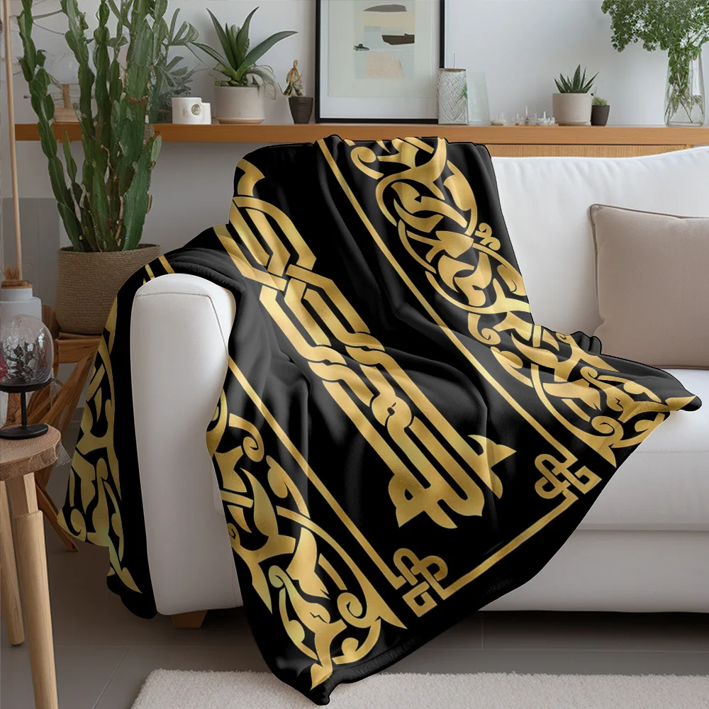 Golden Islamic Prayer Blanket with Intricate Arabic Pattern Muslim Decorative Rug Mosque Carpet Islamic Gift