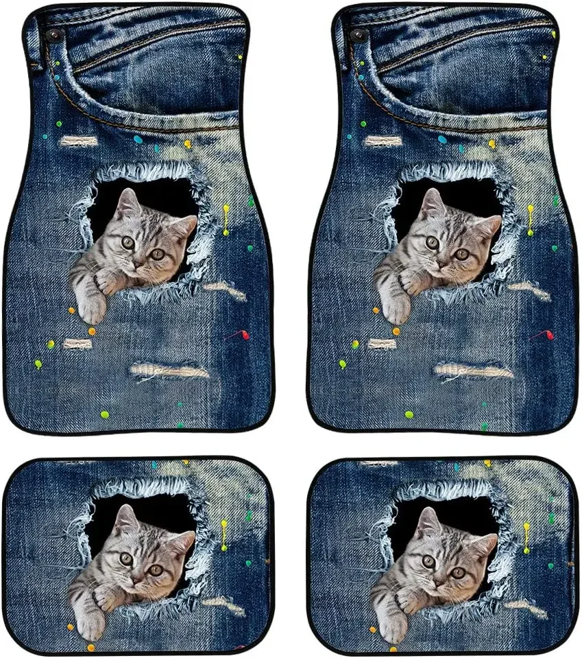 Cowboy Cat Car Floor Mats Universal All Weather Non Slip Dirty Resistant 4-Piece Sets Front & Rear Automotive Floor Mats