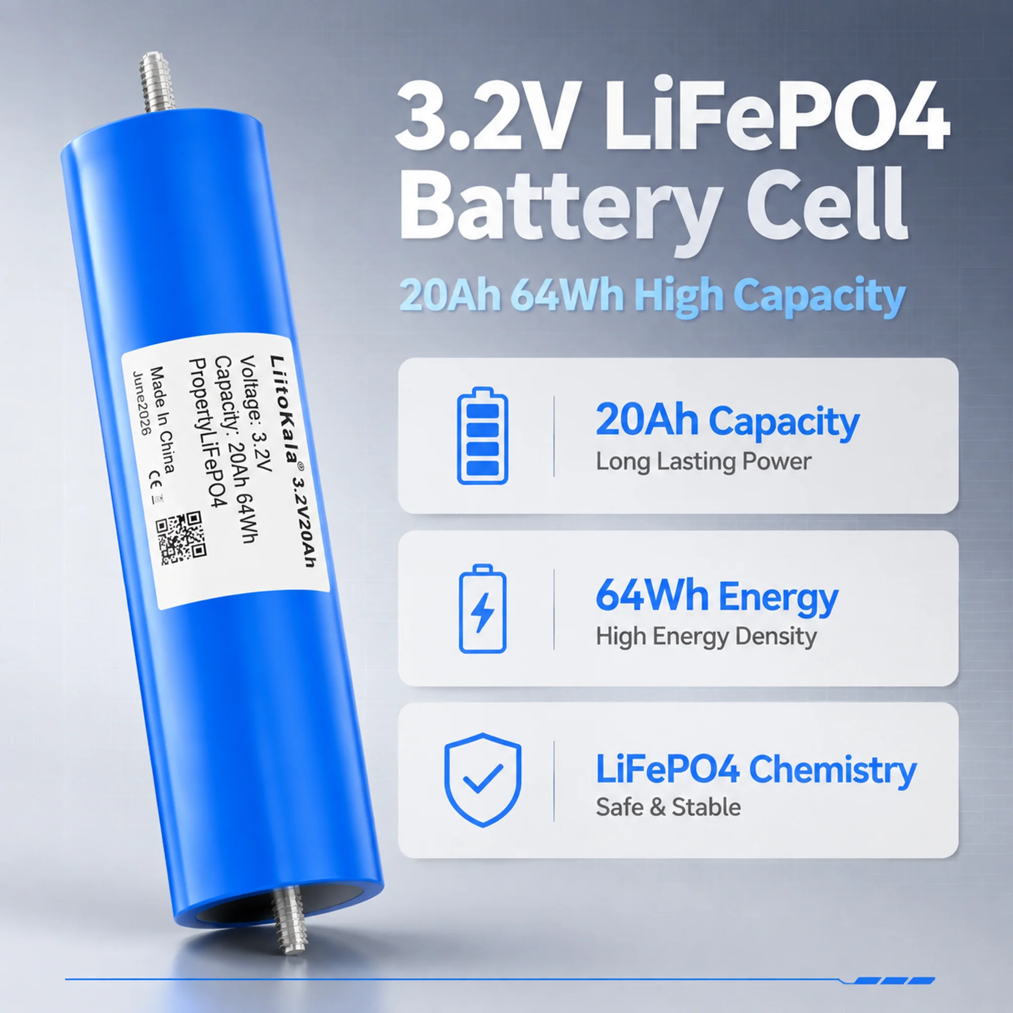Image of LiitoKala 40135 LiFePO4 prismatische Zelle 3,2V 20Ah 64Wh M6-Anschluss 4000 Zyklen für Wohnmobile, Solaranlagen & Notstromversorgung für Wohnmobile