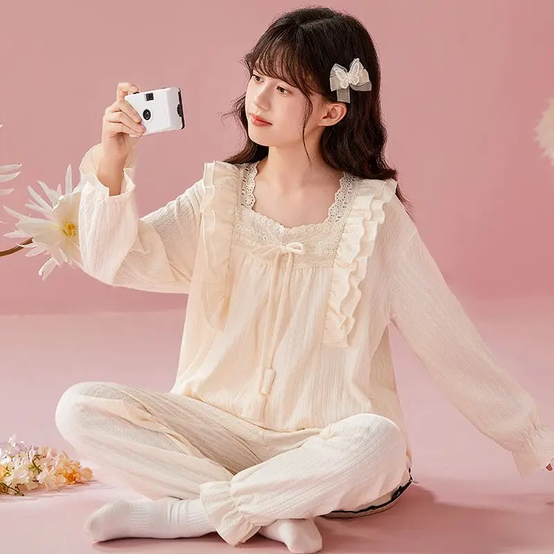 القطن الكتان تنفس الفتيات منامة قطعتين دعوى طويلة الأكمام بنطلون منامة الربيع الخريف الأطفال مستديرة الرقبة ثوب النوم