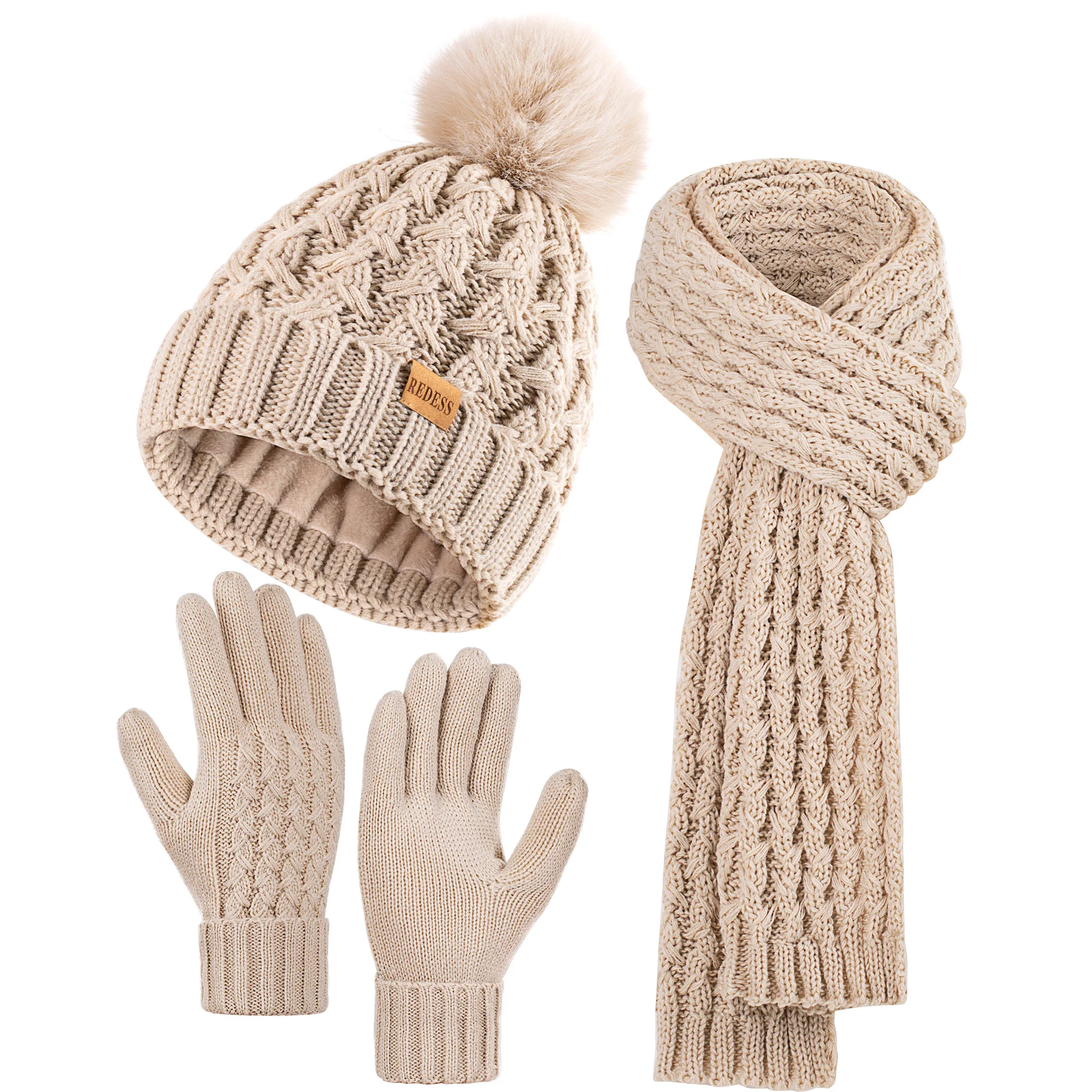 Womens Winter Beanie Hat Touchscreen Gloves Long Neck Scarf Set Warm Knit Caps