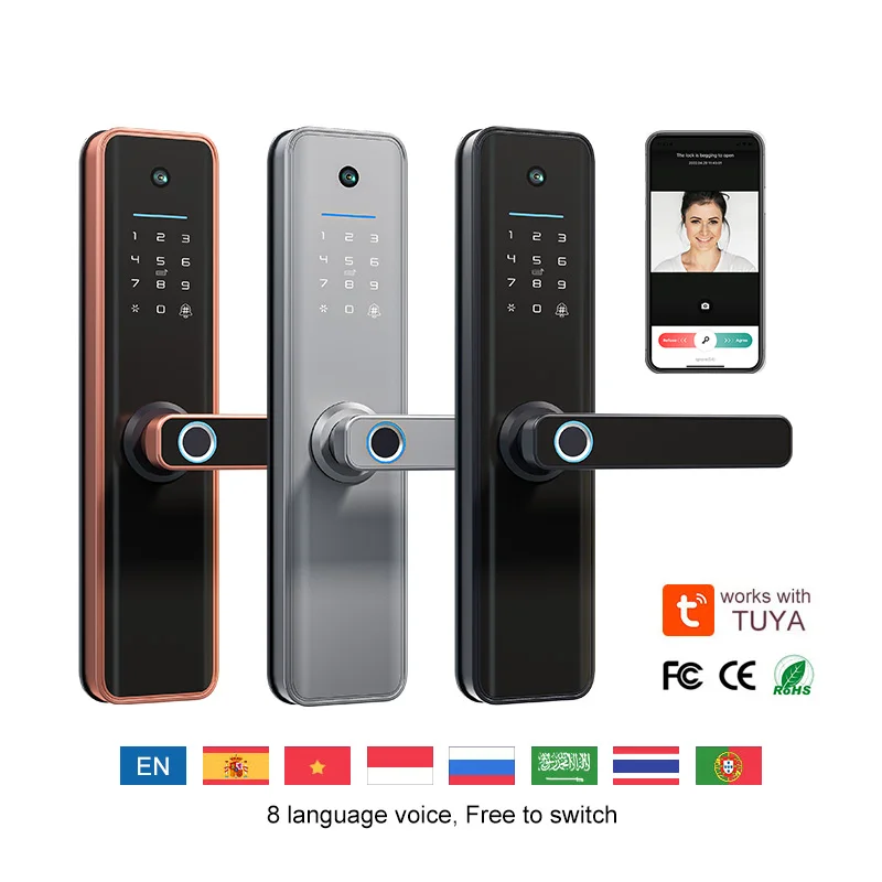 Multilingual Smart Lock Alexa TTlock Fingerprint Door Lock Wifi Tuya Smart Lock With Camera