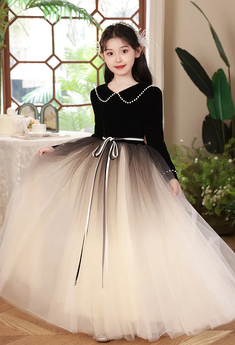 

Girls dress black velvet long sleeves floor length girls birthday princess dress fluffy yarn