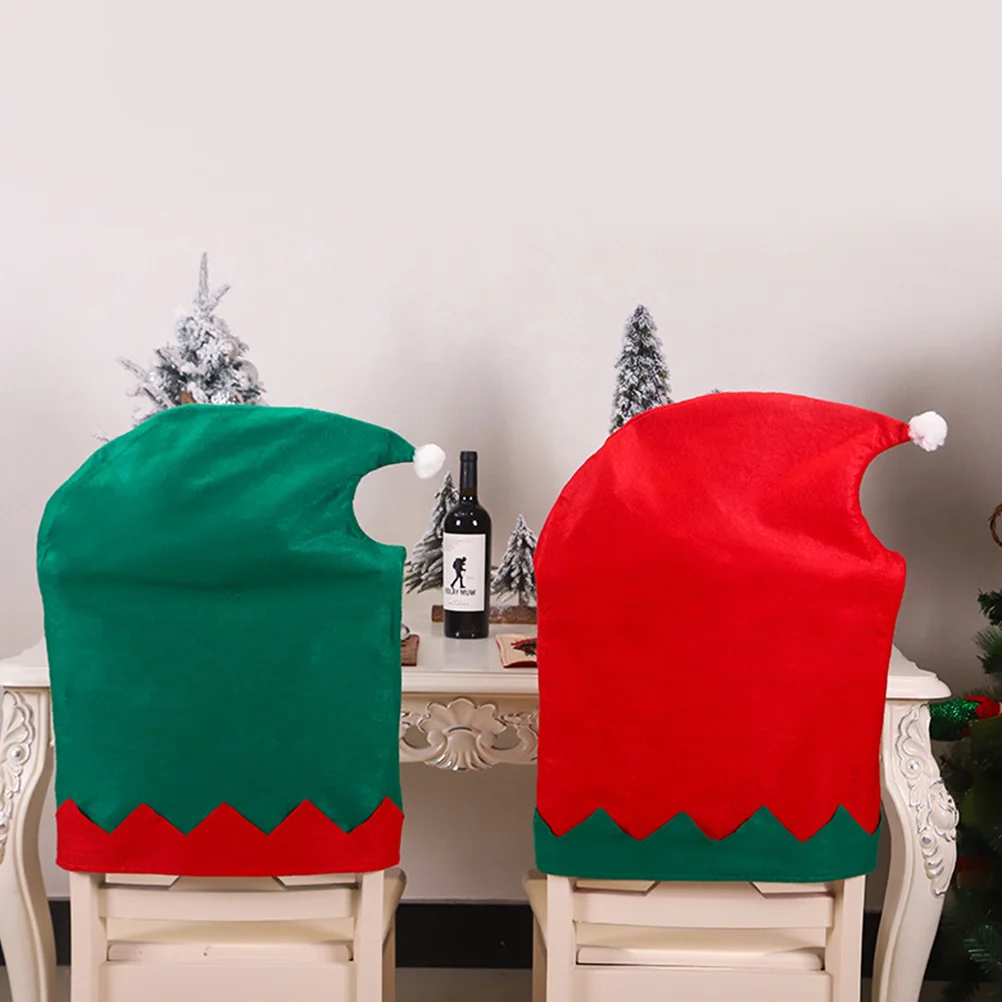 

2Pcs Christmas Chair Covers Non-Woven Fabric Seat Back Slipcovers Dining Chair Protector Elf Design Red Green Holiday