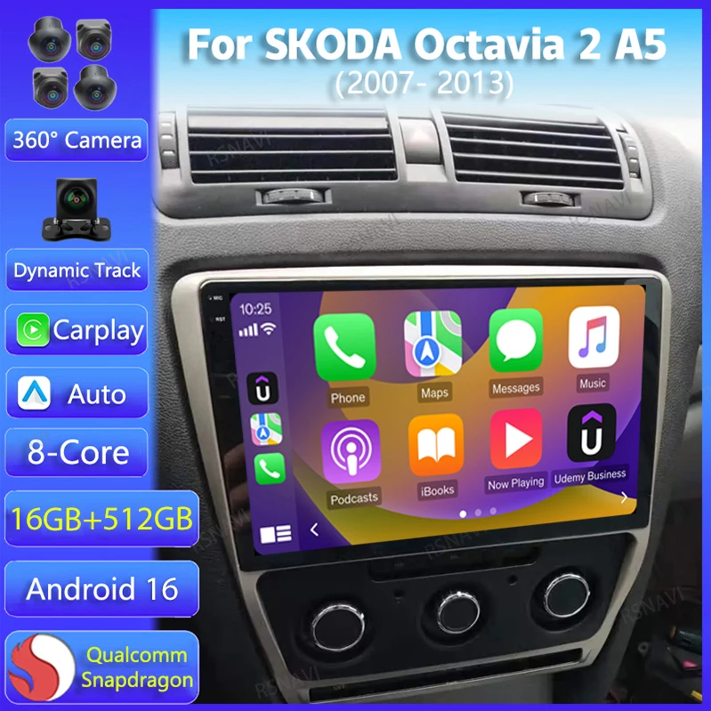 Android 16 Autoradio For SKODA Octavia 2 A5 2007 2008 2009 - 2013 Car Radio Navigation Multimedia Player DSP WIFI+4G BT Carplay