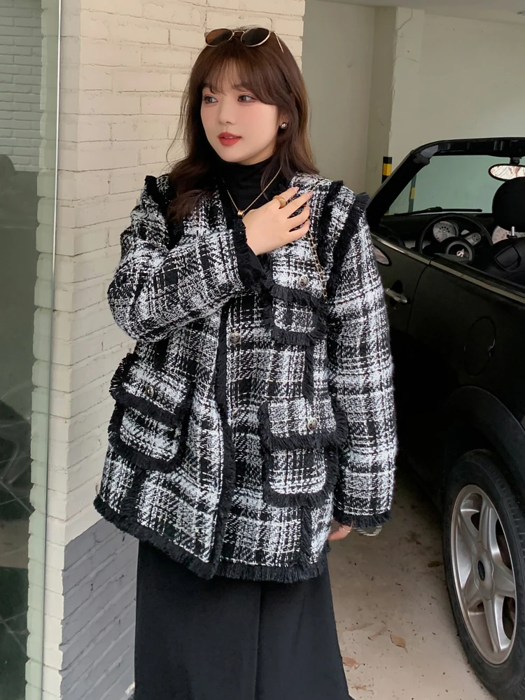 

Winter Plus Size Women's Casual Coat Loose Comfortable Commuter Tweed Top 2024 New Black and White Check Women's Clothing Large