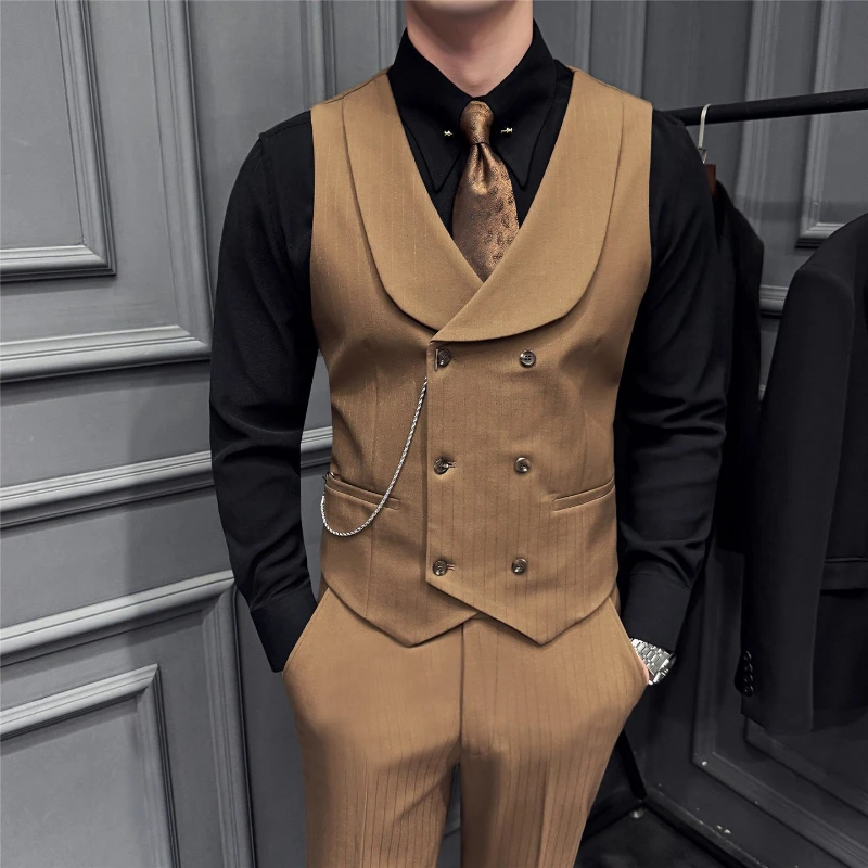 

Формальные мужские костюмы в темную полоску, жилет азиатского размера, приталенный деловой мужской пиджак, жилет для жениха, свадебный мужской жилет без рукавов