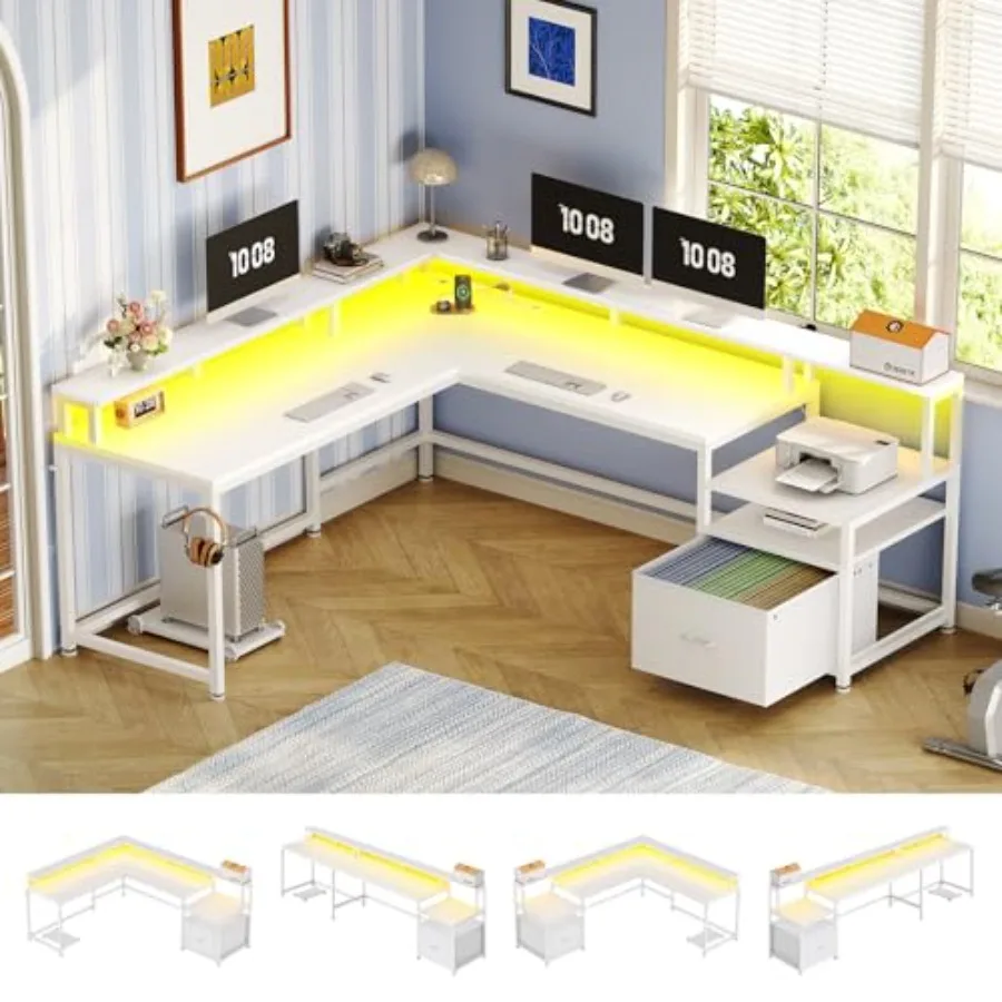 66 Reversible L Shaped Computer Desk with Power Outlet, File Drawer for Home Office Engineered Wood, White Scratch-Resistant Su