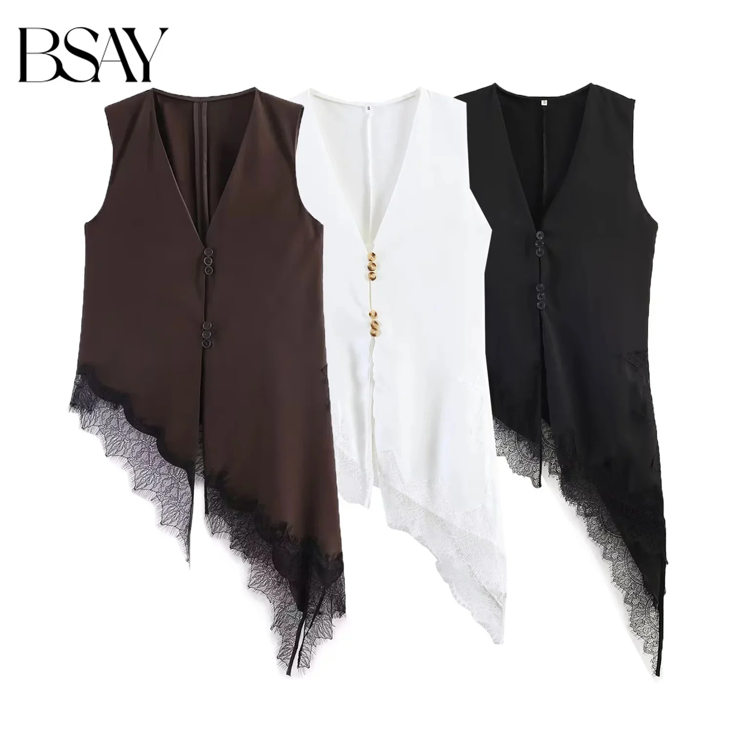 BSAY Damenmode Tanktop 2026 Frühling Sommer Neu Ärmellos V-Ausschnitt Spitzenbesatz Unregelmäßiger Saum Satin-Weste Schicke Damen-Oberteile Mujer