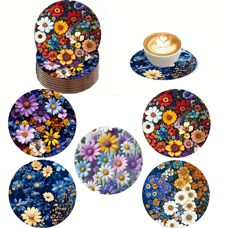 5 wooden anti-slip and heat-insulating coasters with floral patterns, New Year's gifts for the living room and kitchen