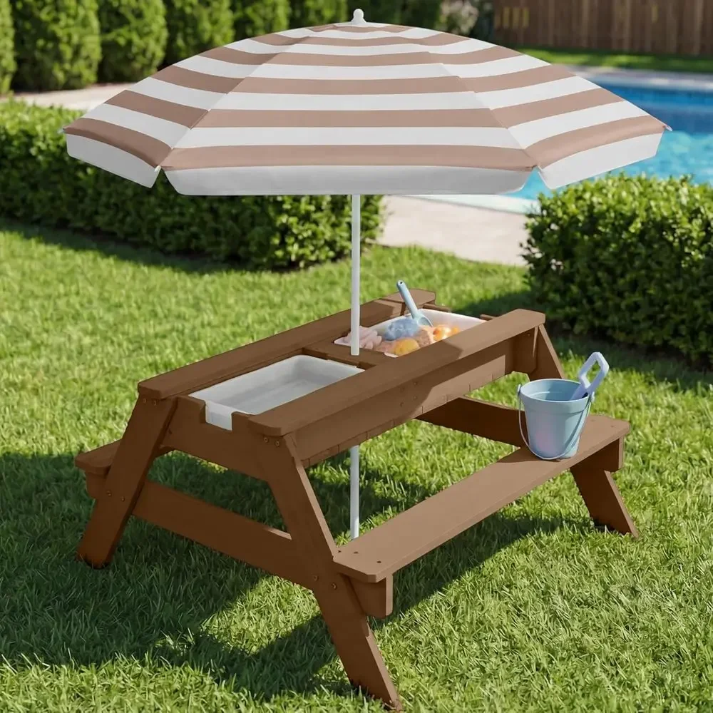 Convertible 3-in-1 Kids Picnic Table with Umbrella, Sand & Water Play, Seats 4, Removable Top, 2 Buckets - Walnut/Beige