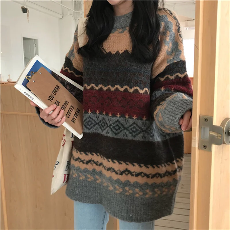 Women Winter Sweater Pullover Knit Jumpers Loose Striped Pull Jumpers Casual Top Argyle Sweater jerseys mujer invierno