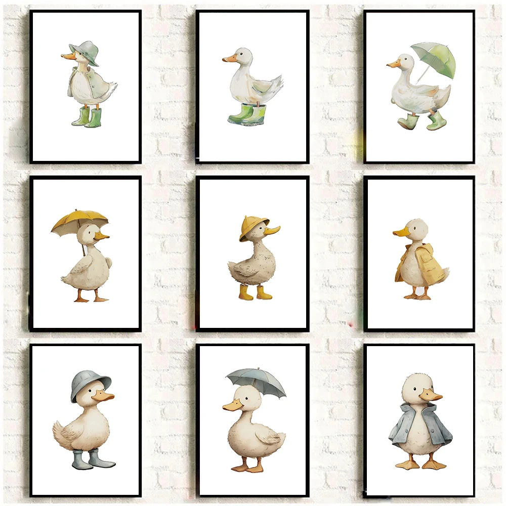 Three Yellow Cute Duck with Umbrella Poster Canvas Painting Print Nursery Wall Art Kids Room Home Decor Cuadros Unframed Gift