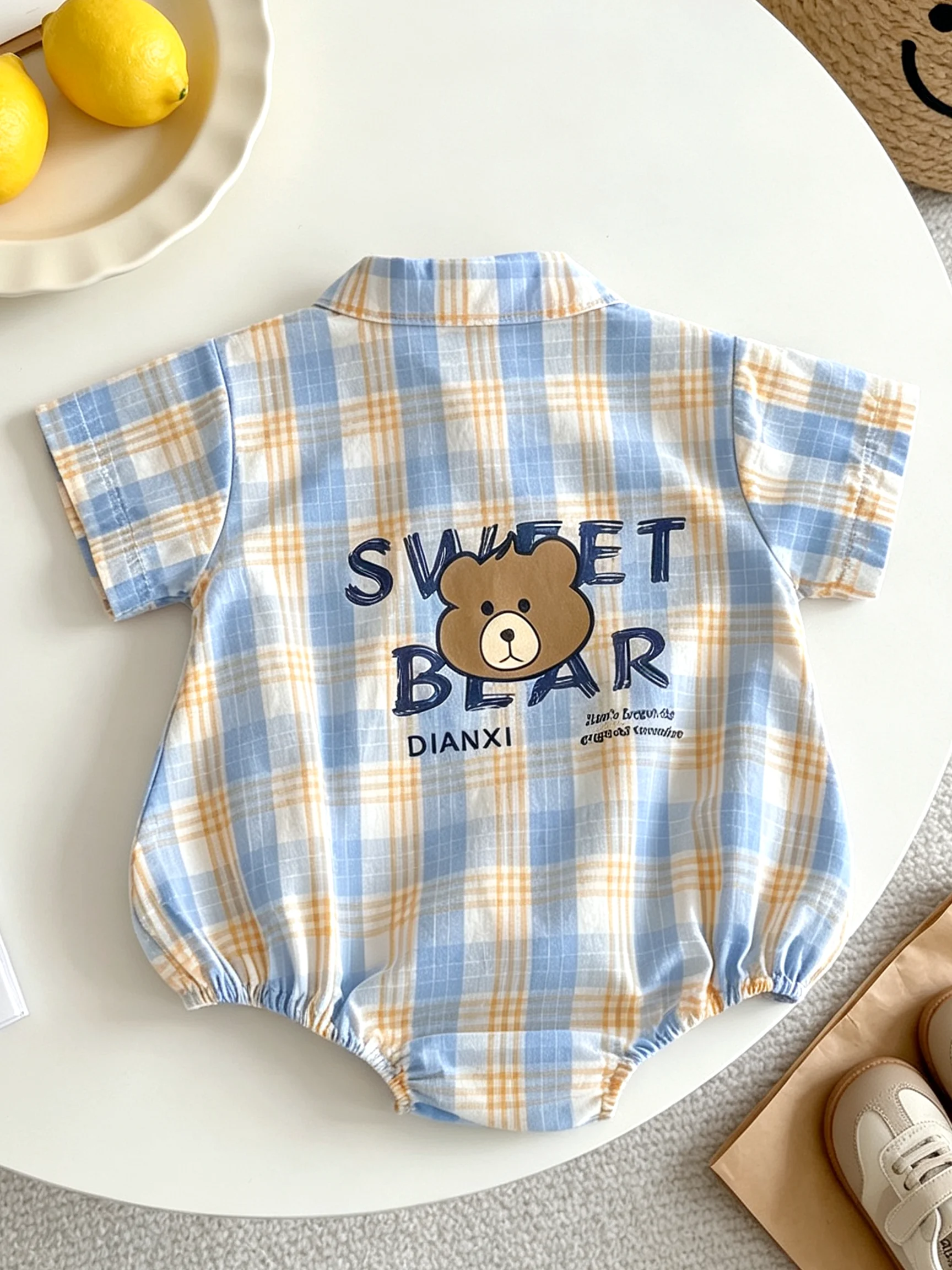 Baby Girl's Short-Sleeve Collared Shirt-Style Romper with Bow and Teddy Bear, Blue and Yellow Checkered Pattern