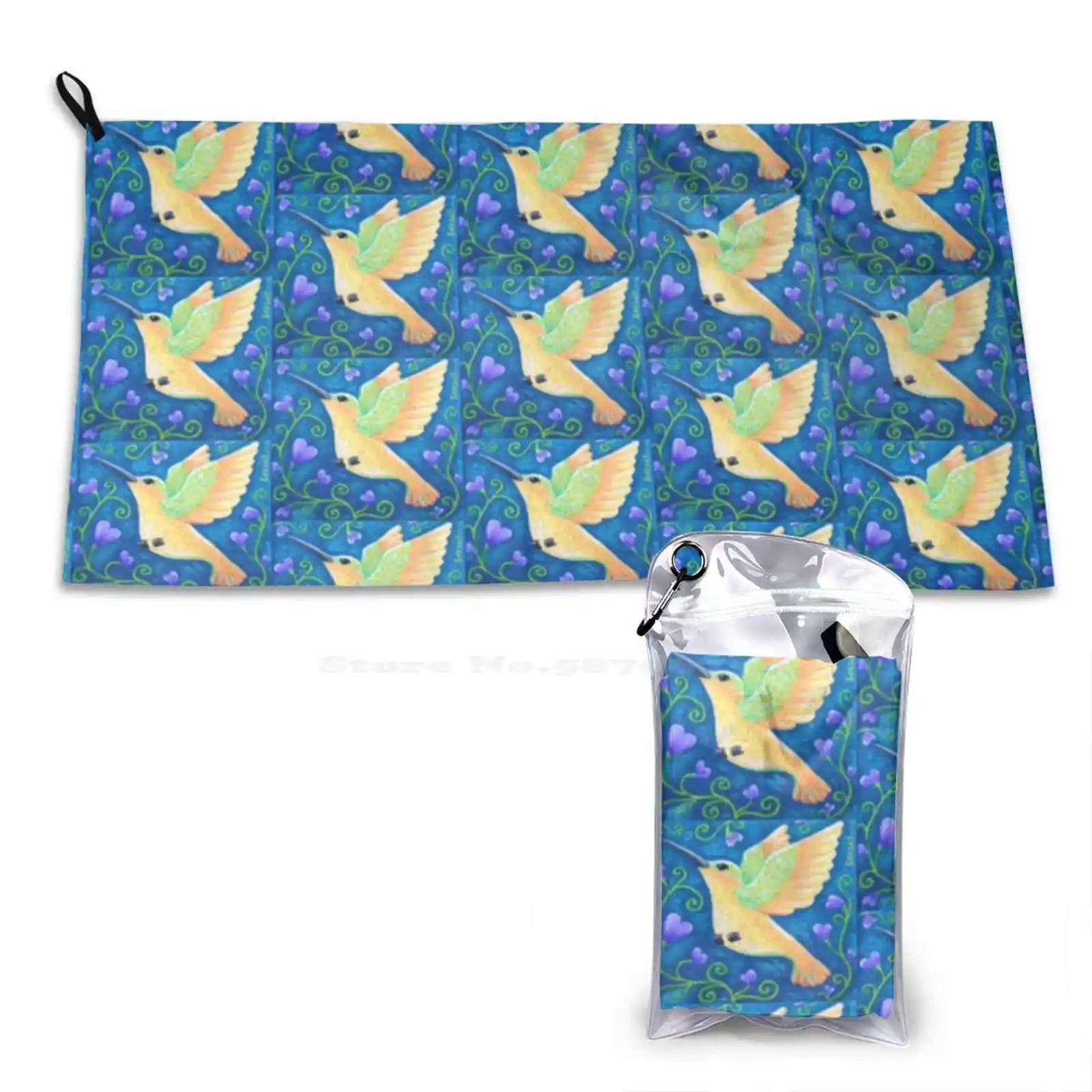 The Golden Hummingbird Custom Soft Sport Towels Home Outdoor Hummingbird Golden Wings Flowers Purple Blue Aqua Turquoise Soozie