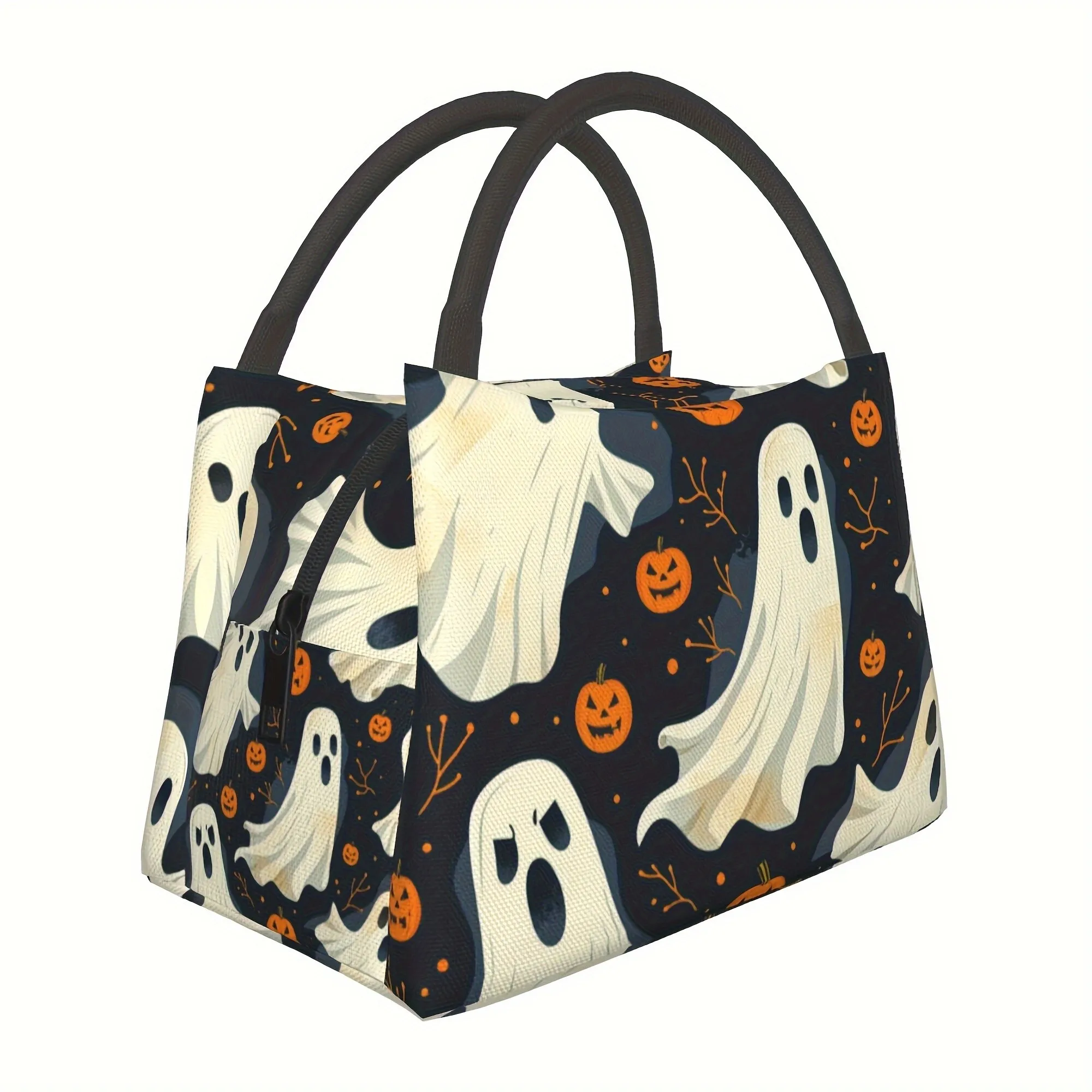 Halloween Ghost Pumpkin Insulated Lunch Bag Durable Polyester Oxford Cooler Tote