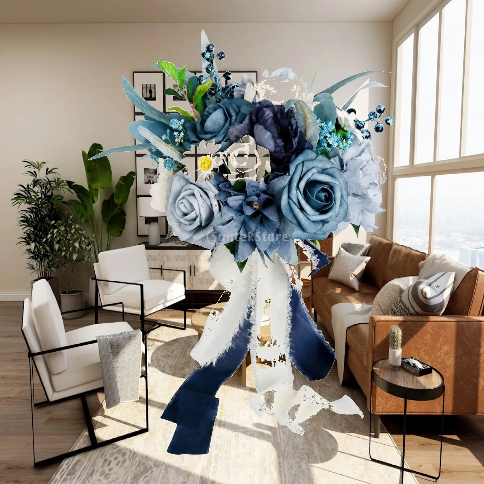Artificial Bridal Bouquet with Ribbons Realistic Handheld Wedding Bouquet Photo-Ready Romantic for Brides, Home Display