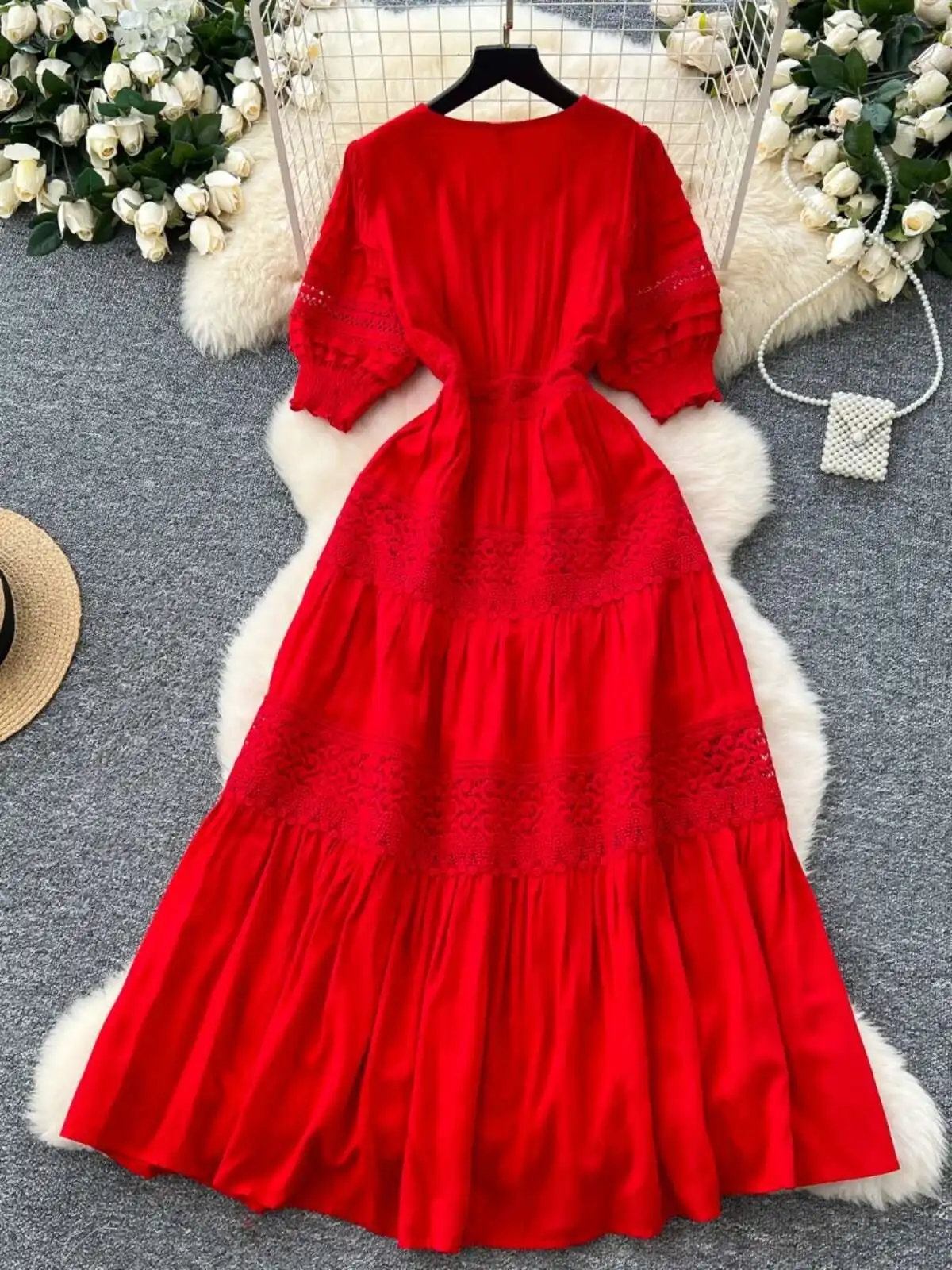 Eleganckie długie sukienki damskie Summer Holiday V Neck Bubble Sleeve Embroidery Hollow Out Buttons Cotton Linen Midi Party Vestidos