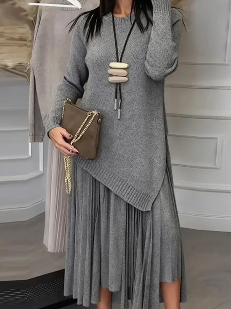 Elegante o-pescoço pulôver malha & suspender saia conjunto senhora casual manga longa sólido 2pc terno moda emenda solto commuter outfit