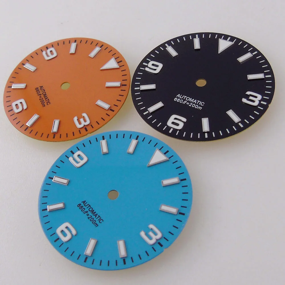 29mm Watch Dial Explore Dial Face for NH35 NH36 Movement Black/Orange/Blue Steel Watch Parts Green Lume Replacement Parts