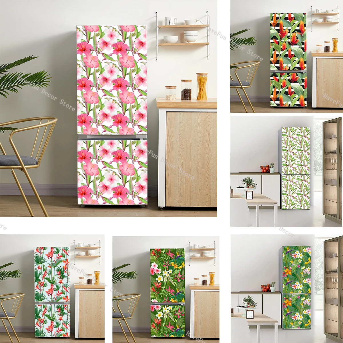 

Simple Style Home Decoration Mural PVC Waterproof Self-adhesive Pink Flower Green Leaf Decoration Fridge Sticker