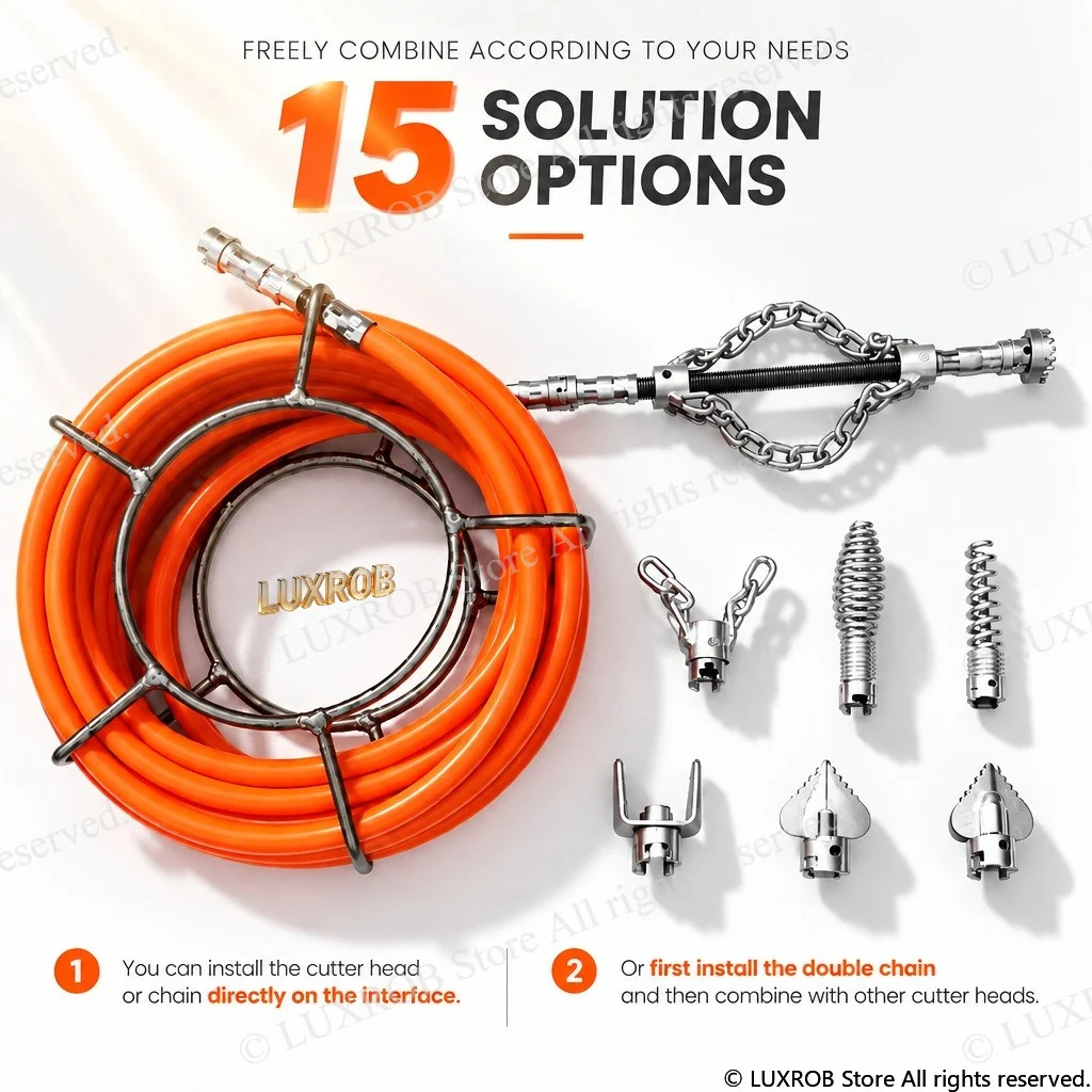 Drain Cleaning Kit 12PCS Sewer Snake Auger 13.5mm PE Pipe,8mm Solid Shaft,6 Cutter Heads & Drill Adapters for Pipe Clog Remover