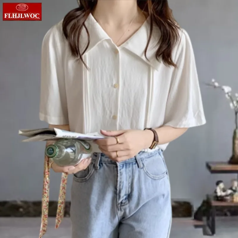 Mélanges de coton hauts chemisiers nouveau 2025 été mignon doux filles Style Preppy à manches courtes rétro Vintage bouton chemises blanches