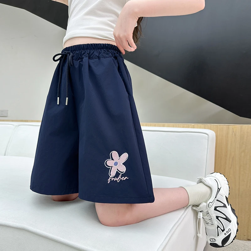 Kids Child Summer Quick Dry Ice Silk Shorts with Florwer Embroidery For Tweens Girls Casual Knee Length Drawstring Pants Navy