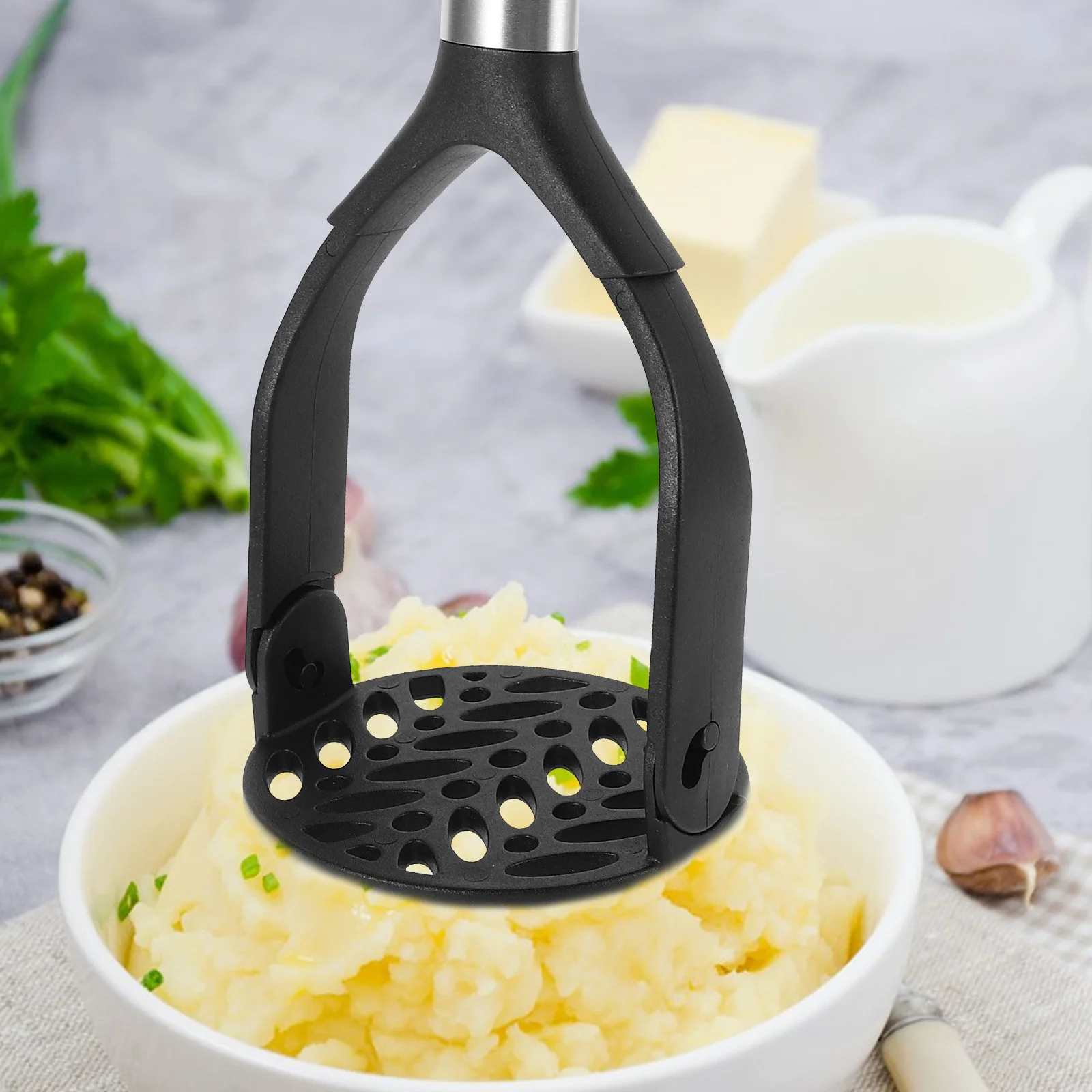 بطاطس قابلة للطي بمقبض أسود، هراسة طعام قابلة للطي غير قابلة للخدش للخضروات، حبوب الأفوكادو، الطماطم، دليل هريس الطفل #4