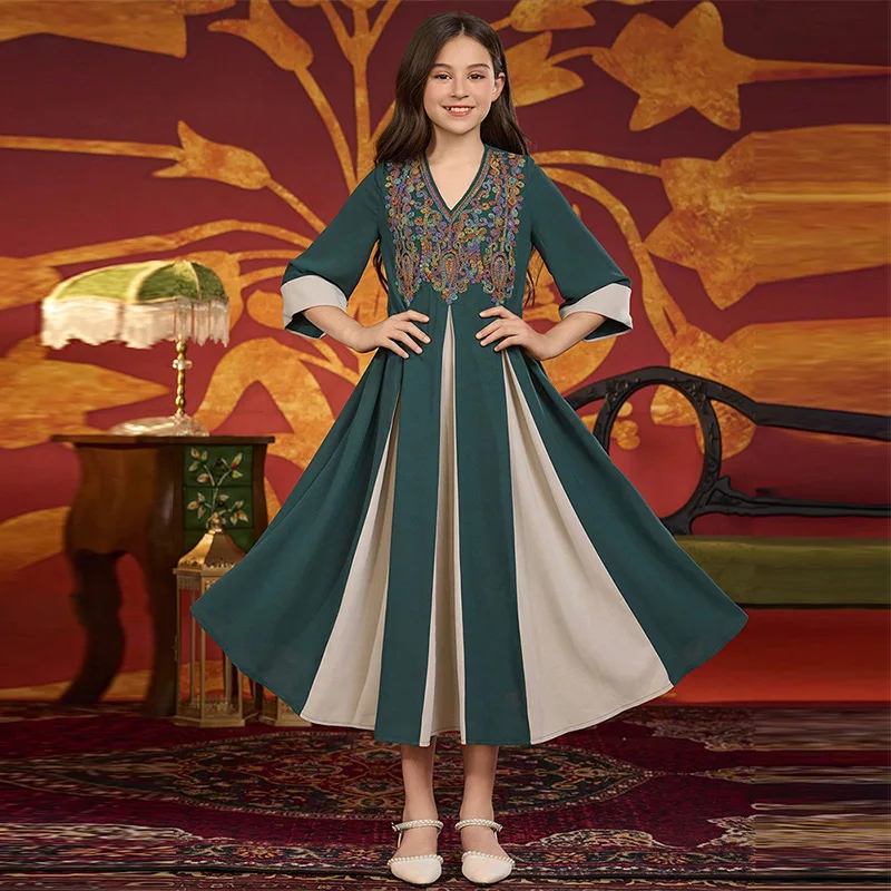 

Этническое мусульманское детское платье с вышивкой для девочек, Абая, Марокко, кафтан, исламская детская одежда, свободный арабский халат, кафтан, платье