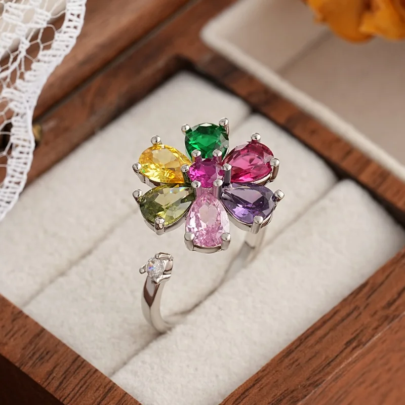 European and American New 360 Degree Rotating Ring and Necklace, Women's Colorful Zircon Flower Opening Jewelry Accessories