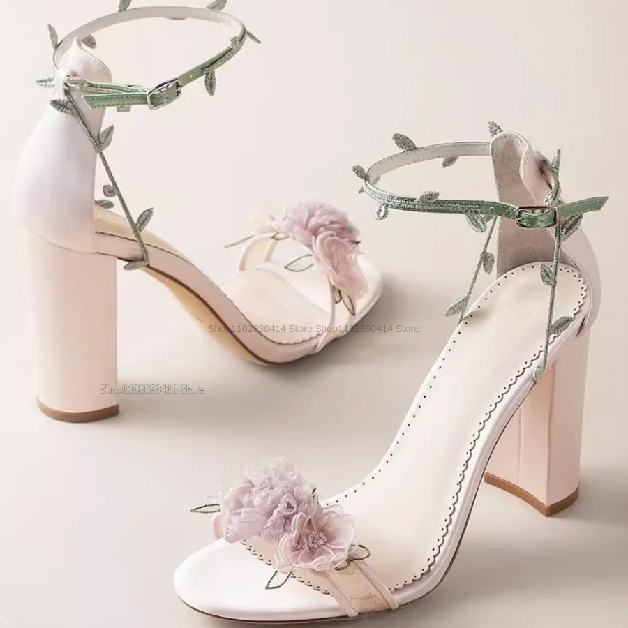 Lace Flower Decor Sandals Ankle Cover Heel Women Shoes Ankle Buckle Strap Chunky High Heels Open Toe Graceful Zapatillas Mujer