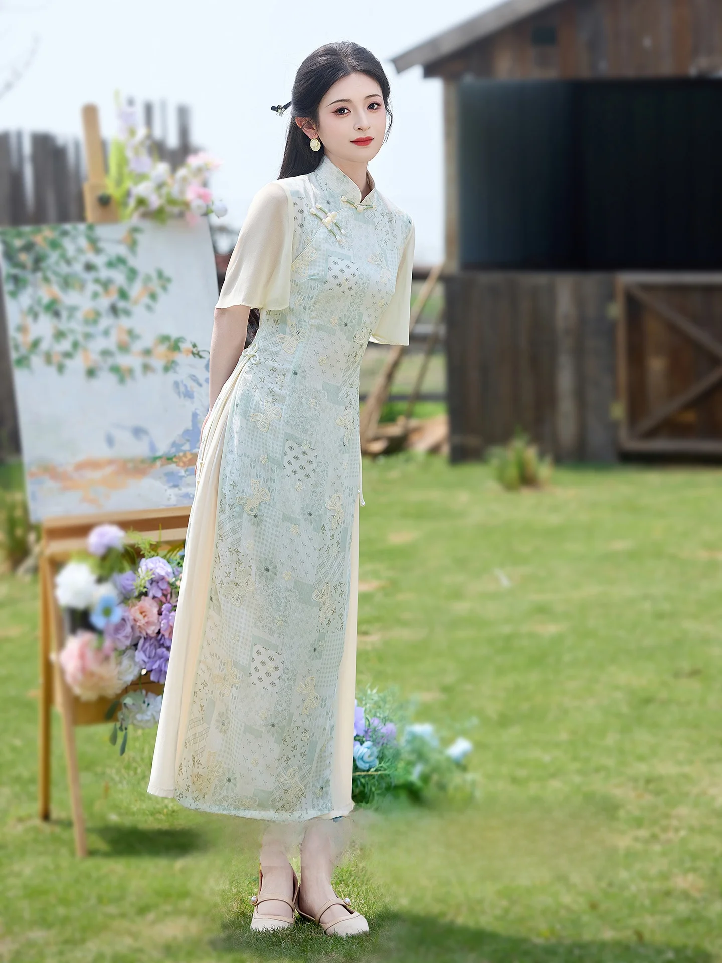 

New Chinese Style 2026 Women's Summer Green Daily Wear Young Model National Trend Long Dress Floral Pattern