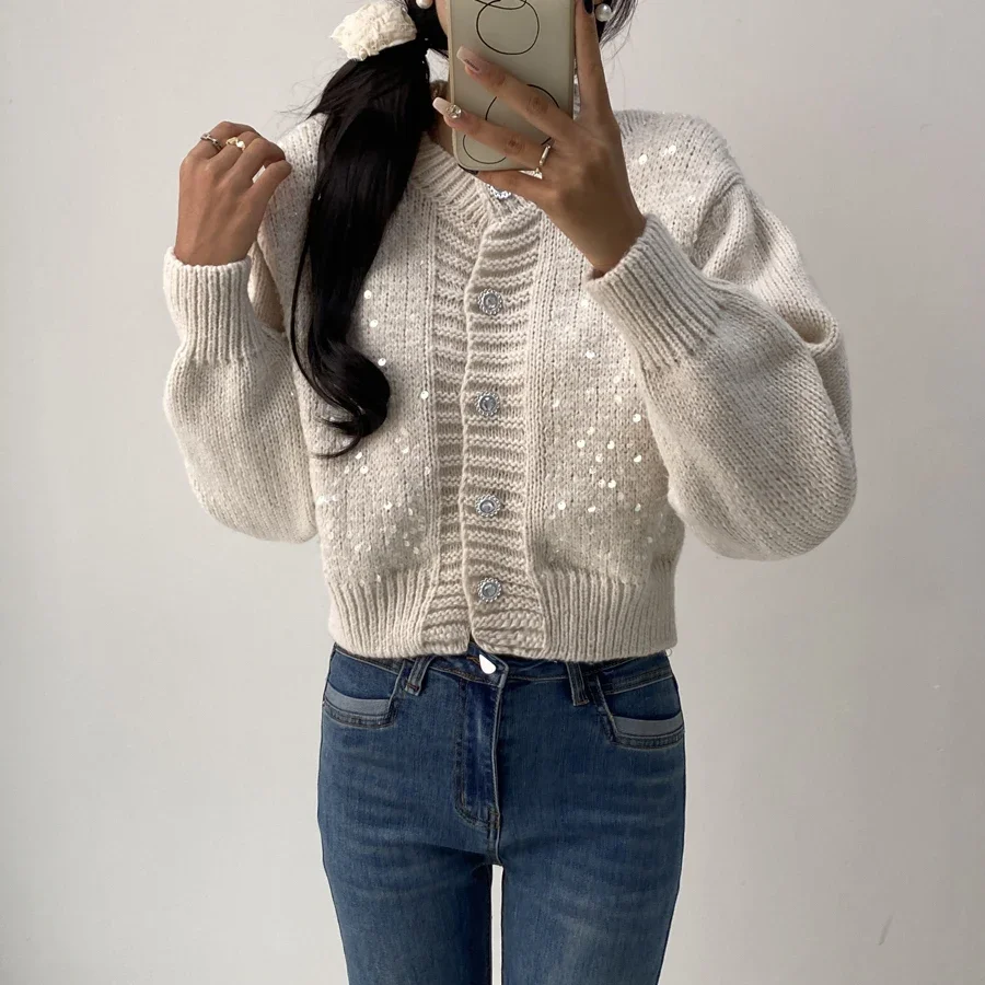 Autumn Winter Sweet Sequined Knit Cardigan Sweater High Quality Korean Fashion Streetwear Single Breasted Long Sleeve Top 2024