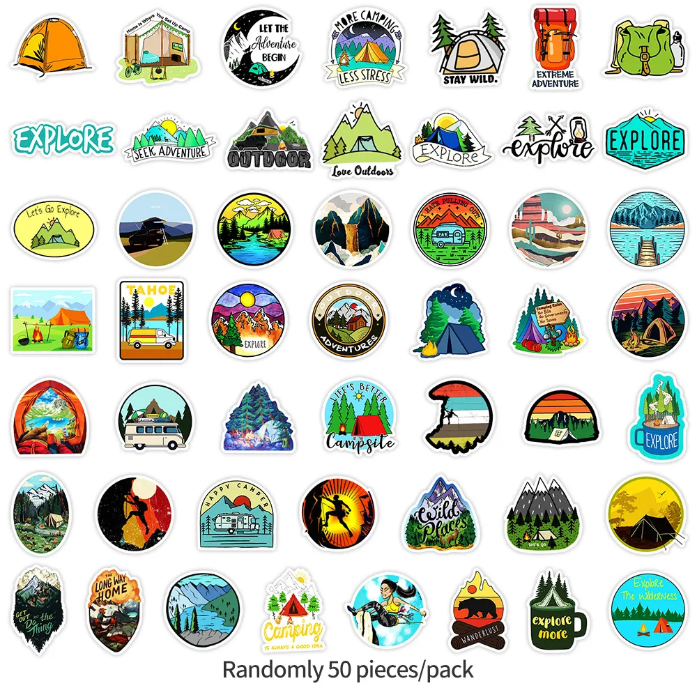 50PCS Sports Cartoon Stickers Outdoor Adventure Graffiti Hiking Travel Decals Suitcase Fridge Laptop Guitar Car Bike Kids Toys