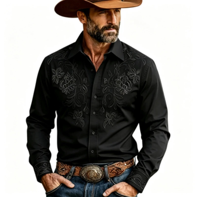Men Long Sleeve Western Cowboy Shirt Retro Black Floral Scroll Ornament Print Turn Down Collar Button Up Casual Top