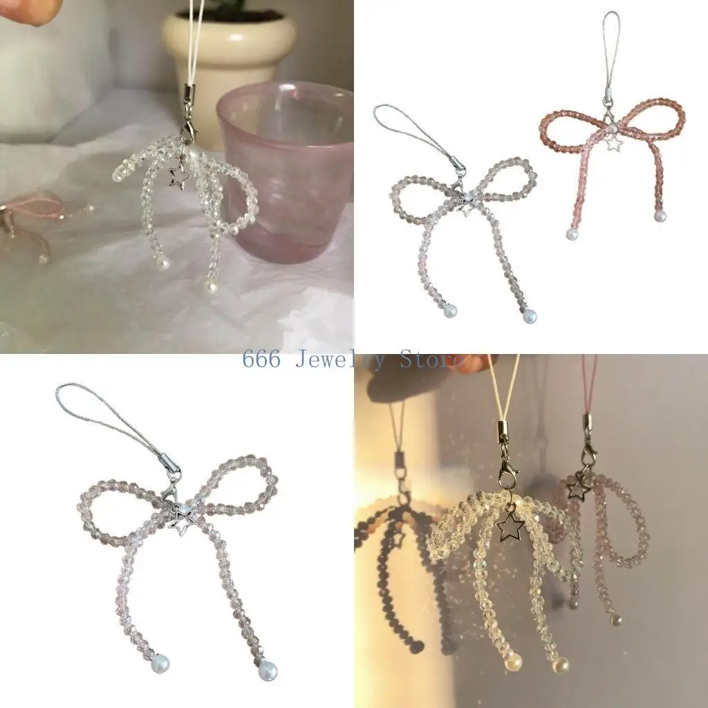 F2TD Stylish Handcrafted Phone Strap Bowknot Star Keychain Ornament Simple Portable Phone Accessory White/Pink Pendant