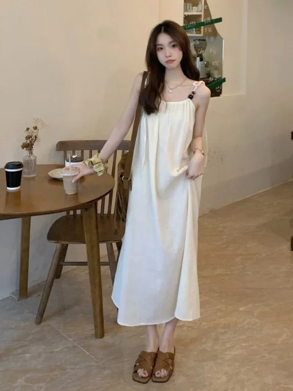 New Chinese Sle Summer 2025 Women's Long Dr Vaion Vibes Strap Design Gentle Tie Waist H-aped Korean Version Loose W...