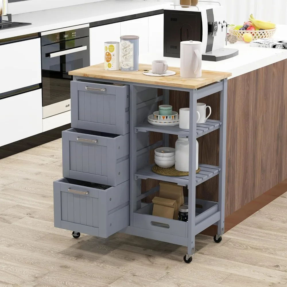 Kitchen island cart on wheels with storage, rolling cart with wood countertop, 3 drawers, removable tray & lockable casters