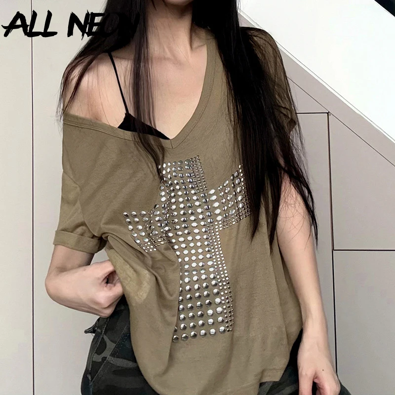 

ALLNeon Streetwear Cyber Y2K Fashion Cross Rhinestone Short Sleeve T-shirts Punk Grunge Summer Loose T-shirt Women Gothic Tees