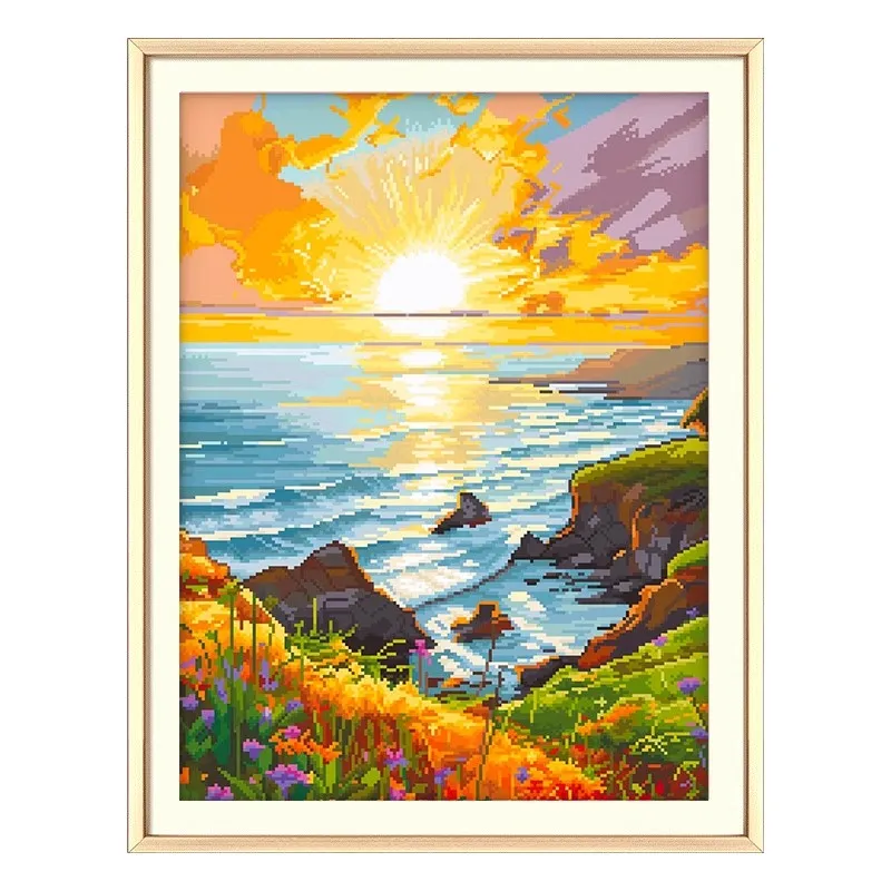 14ct 36x46cm Sunrise at sea Embroidery DIY Chinese Style Printed Kits Cross Stitch Needlework Set Home Decor Crafts 73 colors