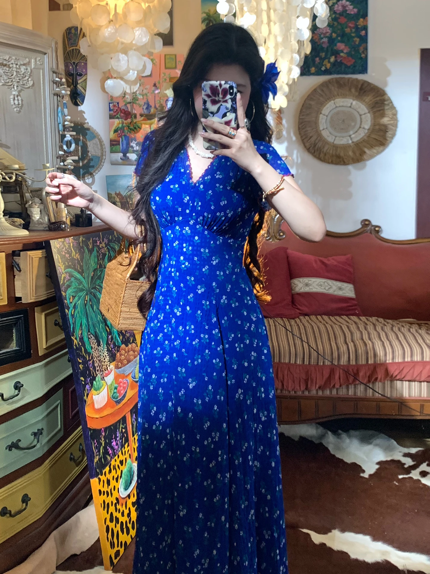 الأزرق V-Ne الأزهار طباعة ماكسي الدكتور المرأة الصيف التخسيس الخصر الشاطئ Vaion Sle ألف خط Dr الوقوف صالح ort Sve