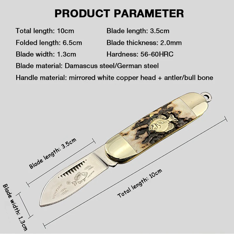 Imagem -02 - Mini Antler Canivete Aço de Damasco Faca Dobrável Frutas Afiadas Acampamento ao ar Livre Canivete Portátil Expresso