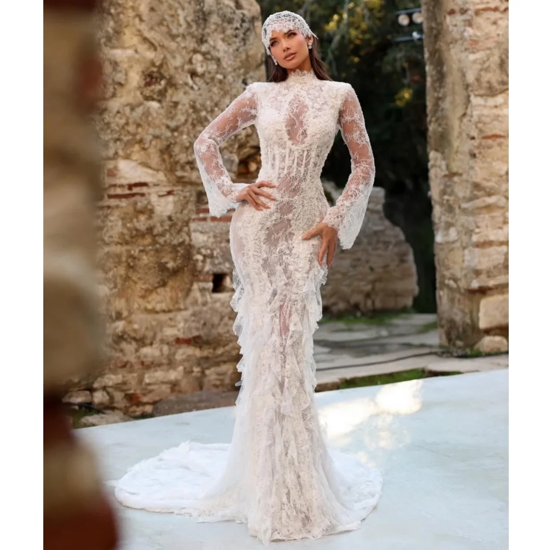 

Mermaid Wedding Dresses Long Sleeves Lace Ruffles Luxury Bridal Gown Backless robe de mariée Luxury Wedding Dress Customized