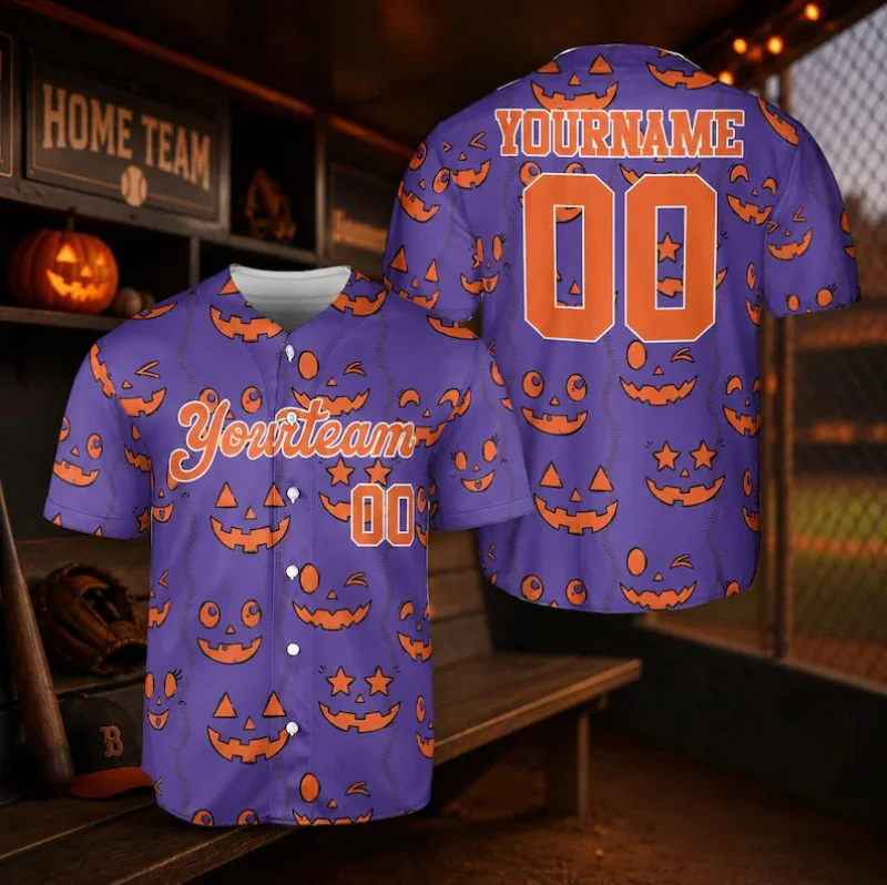 Custom Name Team Name Number Halloween Baseball Jersey for men Jack‑O‑Lantern Pumpkin Pattern Short Sleeve Button‑Down shirt
