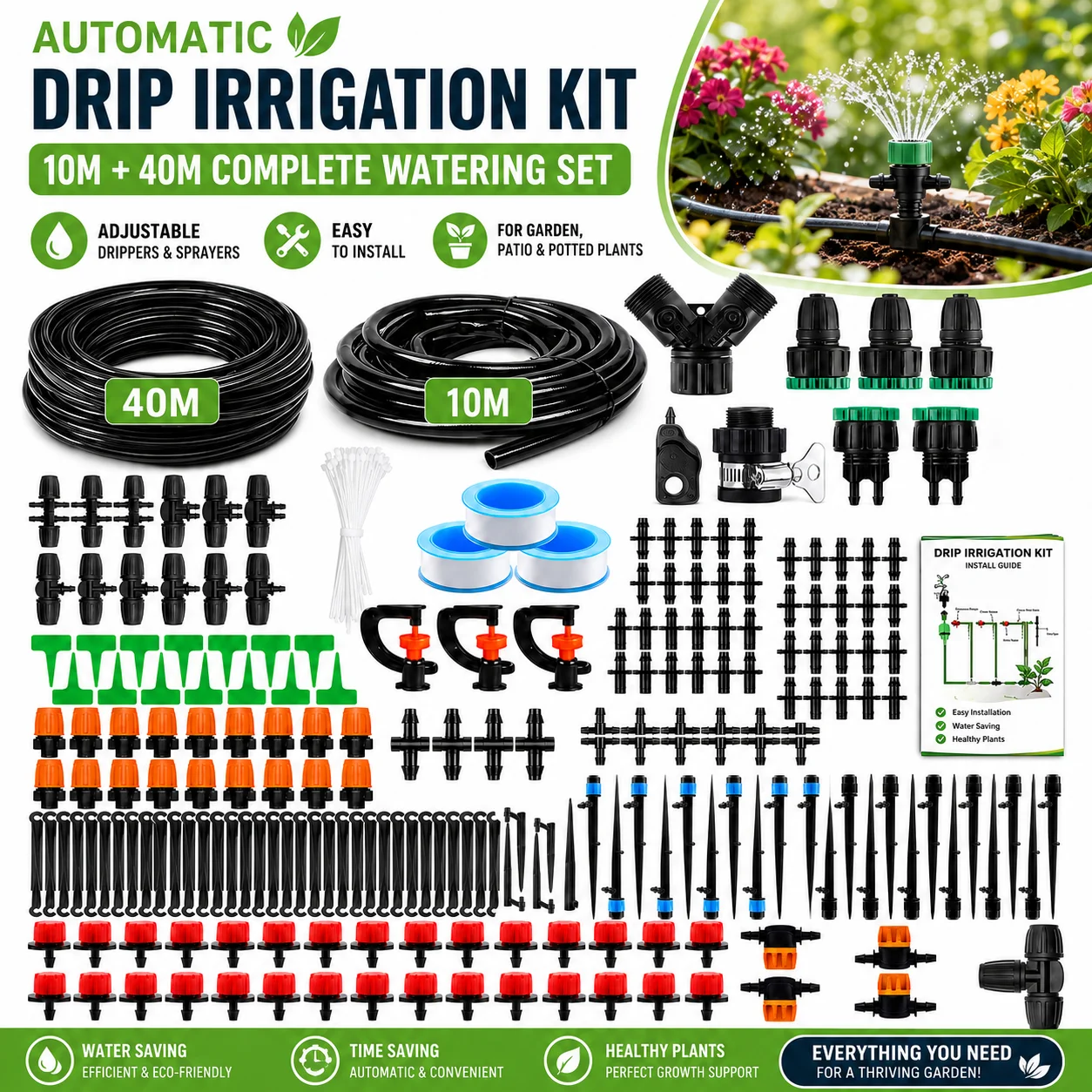 Kit d'irrigation goutte-à-goutte automatique 10M+40M, système d'arrosage complet pour jardin avec goutteurs et pulvérisateurs réglables pour plantes, patio et pelouse