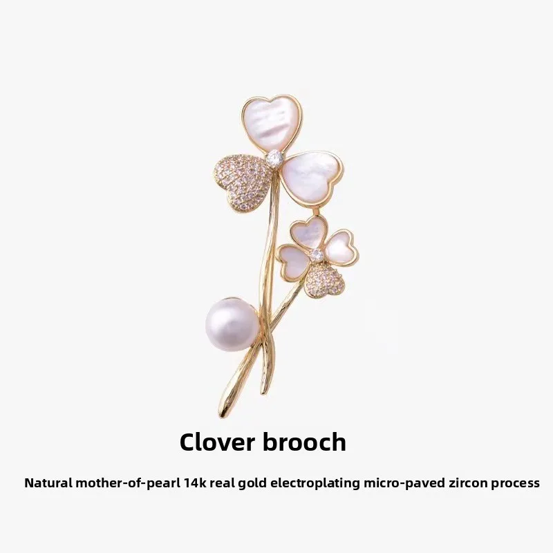 Hanfu Natural Mother-Of-Pearl Gold Plating Micro-Inlaid Zircon Craft Lucky Grass Brooch Exquisite Simple Suit Corsage Matching