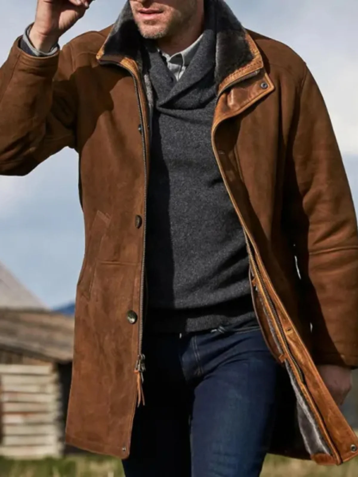 

Men's Velvet Deer Skin Spring Coat Long Sve Casual Jaet Middle Length Fur And Leather Inteated Sli for Middle-Aged