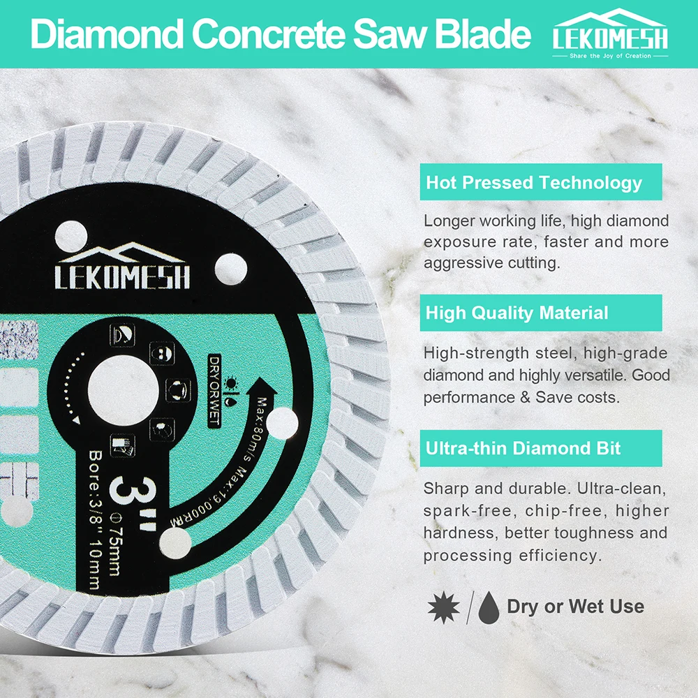 LEKOMESH Diamond Saw Blade, Corte De Madeira, Metal De Aço, Concreto, Granito, Pedra De PVC, Mini Disco De Corte, 75mm, 3 ", 10mm De Diâmetro